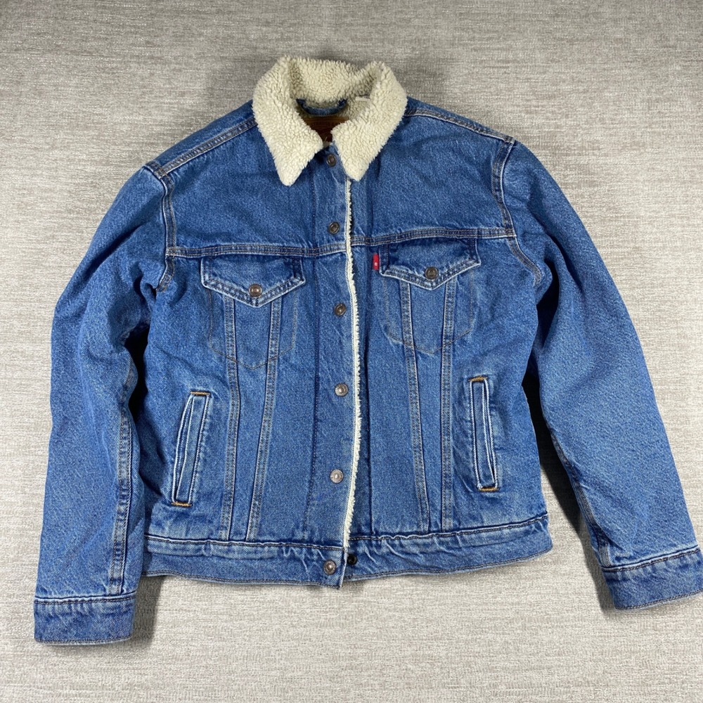 Levi's Sherpa Lined Trucker Jacket Women S Blue Denim Faux Fur Collar Warm